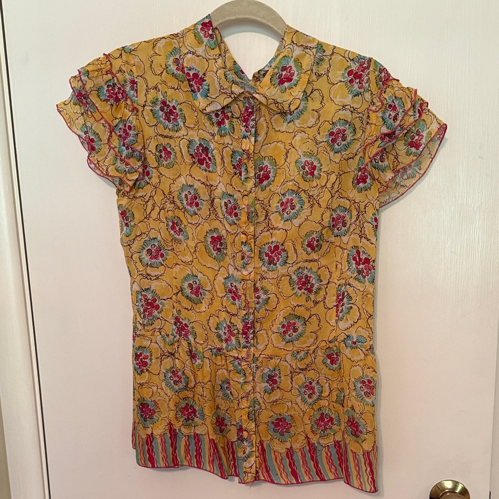 Johnny Was Vintage Yellow Floral Blouse with Peplum